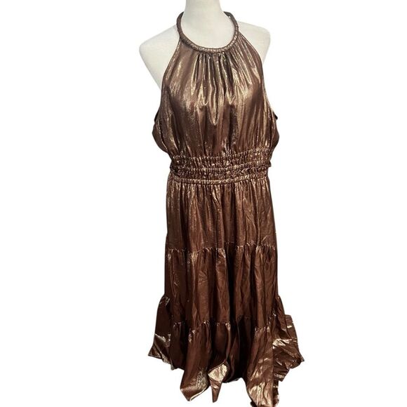 A.L.C. Elara Silk Blend Metallic Tiered Maxi Dress Bitter Chocolate Sz 14 - Picture 9 of 13